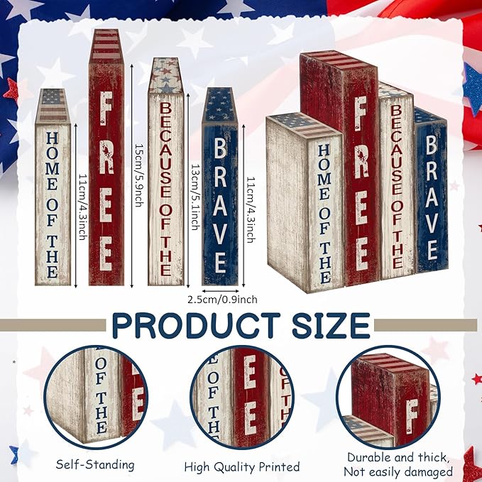 Lineshading 4 Pcs 4th of July Decoration Wooden Book Patriotic Tiered Tray Decor America Decor Red White Blue Memorial Day Centerpiece for 250th Anniversary Independence Day Home Shelf Coffee Bar