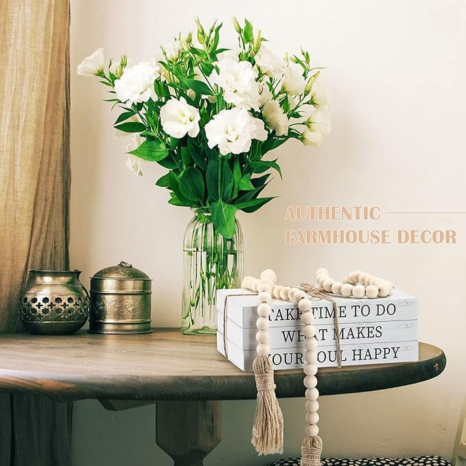 Jetec Decorative Display Books Hardcover, Faux Farmhouse Stacked for Coffee Tables Shelves with Wood Bead Tassels 58 Inch, 3 Pieces, White(Take Time to do, What Makes, Your Soul Happy)