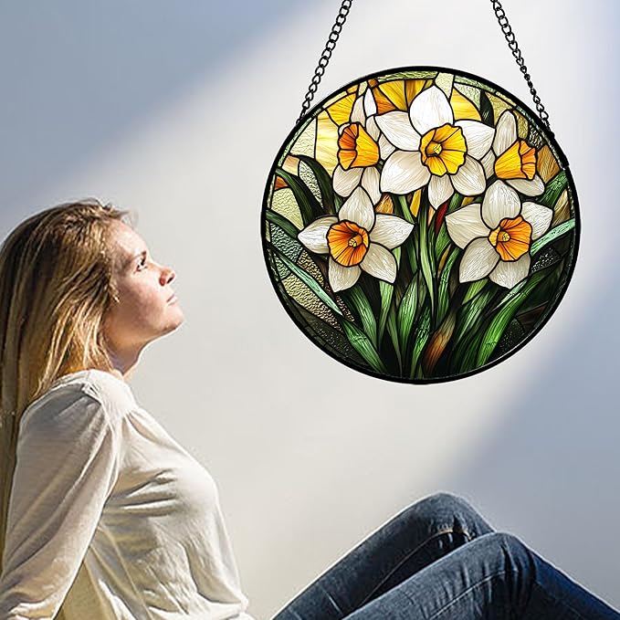 Stained Glass Window Hanging, Yellow and White Daffodils Sun Catcher for Door Home Decor Plants Flowers Suncatcher Christmas Mother's Day Birthday Gifts for Women Men Mom Nana 6.3 in