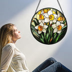 Stained Glass Window Hanging, Yellow and White Daffodils Sun Catcher for Door Home Decor Plants Flowers Suncatcher Christmas Mother's Day Birthday Gifts for Women Men Mom Nana 6.3 in