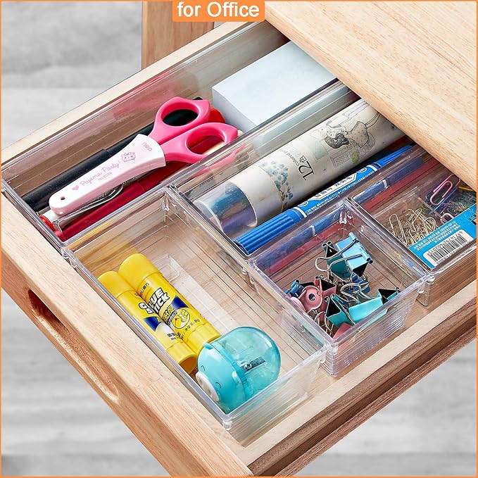 DCA 28 PCS Clear Plastic Drawer Organizers Set, 4-Size Versatile Bathroom and Vanity Drawer Organizer Trays, Storage Bins for Makeup, Bedroom, Kitchen Gadgets Utensils and Office