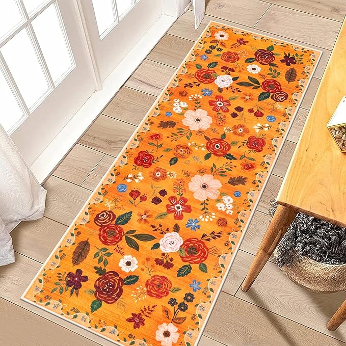 U'Artlines 2'x6' Fall Boho Runner Rug for Hallways Kitchen Colorful Floral Soft Non Slip Washable Floor Carpet Runners for Entryway Laundry Room Bathroom Orange