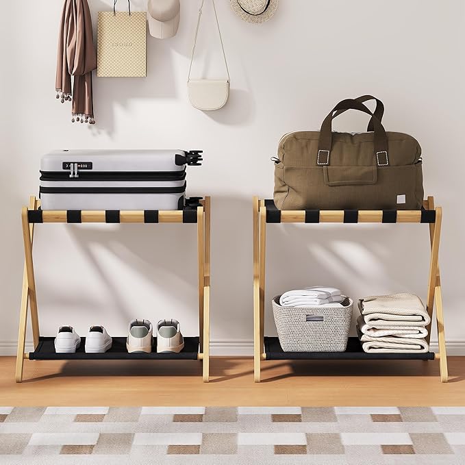 26.77" Full Assembled Luggage Rack for Guest Room, Set of 2 Bamboo Foldable Suitcase Stand, Bedroom & Hotel, Folding Luggage Holder with 5 Nylon Straps, 600D Oxford Fabric Shelf Natural Wood
