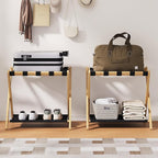26.77" Full Assembled Luggage Rack for Guest Room, Set of 2 Bamboo Foldable Suitcase Stand, Bedroom & Hotel, Folding Luggage Holder with 5 Nylon Straps, 600D Oxford Fabric Shelf Natural Wood