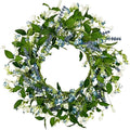 22 Inch Blue & White Floral Wreaths for Front Door, Spring Summer Floral Wreath with Pink Sash, Farmhouse Wreath for Porch, Wall, Window, Indoor Outdoor Home Decor