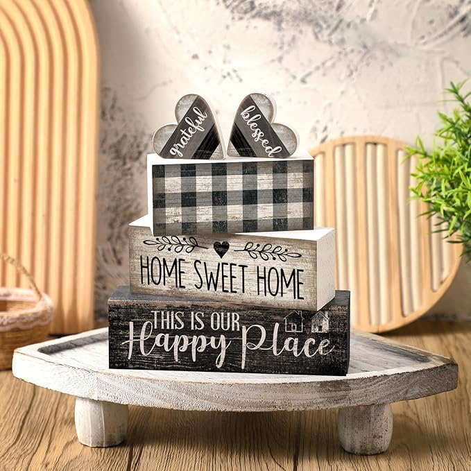 Moucuny 4 Pcs Farmhouse Kitchen Decor Black and White Farmhouse Tiered Tray Decor Home Sweet Home Centerpiece Wooden Heart Rustic Valentines Day Block Sign for Kitchen Shelf Valentines Gift Decoration