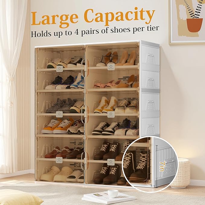 Foldable Shoe Rack Organizer for Entryway with Clear Magnetic Doors - Large Capacity Shoe Cabinet for Boots, Sneakers & All Shoes, Easy Assembly, White 10-Tier 40 Pairs