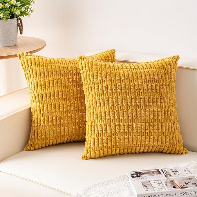 Aegero Pack of 2 Corduroy Decorative Throw Pillow Covers 22x22 Inch Soft Striped Pillow Covers Modern Farmhouse Home Decor for Sofa Living Room Couch Bed（Yellow）