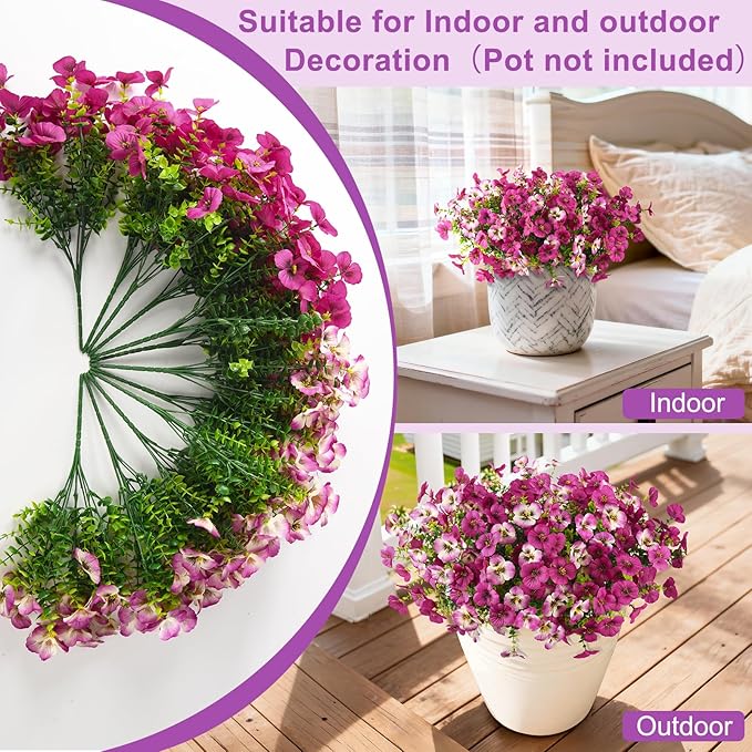 Artificial Fake Pansy Flowers for Outdoor, 12 Pcs Faux Silk Pansies Flower for Spring Summer Decoration, UV Resistant Fake Plants for Outside Planter Porch Yard Patio Home Decor(Gradient Double Pink)