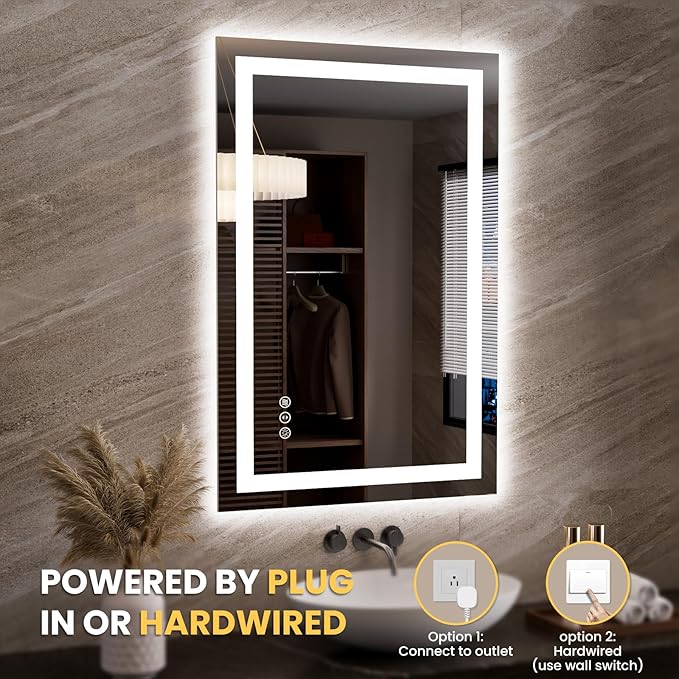 LOAAO 23.6"x35.4" LED Mirror for Bathroom, Lighted Bathroom Mirror with Lights, Anti-Fog, Dimmable, Memory Function, Clear Reflection
