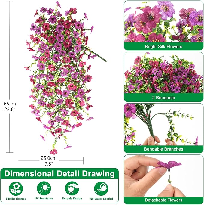 Homsunny Artificial Hanging Flowers for Outdoor, 2PCS Fake Flowers Faux Silk Daisy with Eucalyptus Leaves, UV Resistant Aritificial Flowers for Spring Home Patio Yard Porch Decor (Light Purple Red)