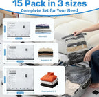 Vacuum Storage Bags for Travel with Portable Pump, 15PCS Reusable Compression Bags for Clothes Luggage Bedding, Space Saver Bags for Travel & Home Organization, 3-Size Set (S/M/L)