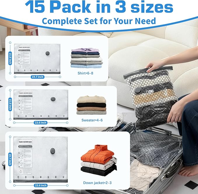 Vacuum Storage Bags for Travel with Portable Pump, 15PCS Reusable Compression Bags for Clothes Luggage Bedding, Space Saver Bags for Travel & Home Organization, 3-Size Set (S/M/L)