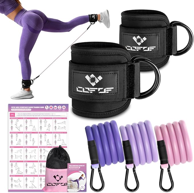 Ankle Resistance Bands with Cuffs, Ankle Bands for Working Out, Kickbacks Hip, Leg Glute Exercise Equipment with Training Poster, Resistance Workout Equipment for Women