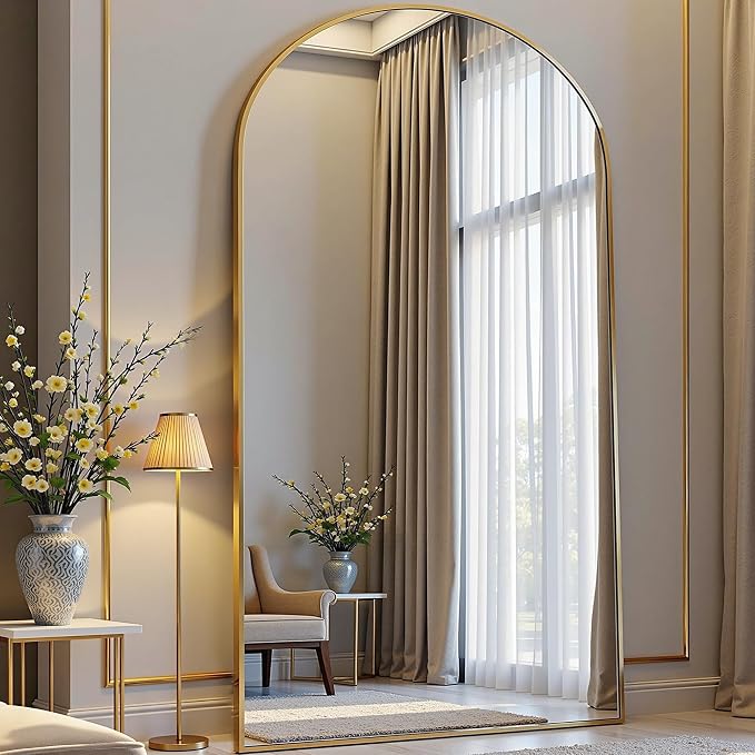 Prywot Arched Floor Mirror, 76 "x 34" Full Length Mirror Wall Mirrors Hanging or Leaning Arched-Top Full Body Mirrors with Stand for Bedroom, Dressing Room, Gold