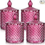 Aoriher 4 Pcs Crystal Glass Candy Jar Set with Lids Home Decorative Storage Jars for Apothecary, Bathroom, Kitchen, and Pantry, Ideal for Cotton Swabs and Jewelry(Medium,Purple)