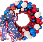 HipTree 16 Inch Patriotic Ball Wreath for Front Door with Lights, 4th of July Wreath with Red White Blue Stars & Ribbon for Memorial Day, Independence Day,Veterans Day, Flag Day,Summer Decorations
