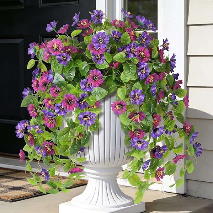 Fake Artificial Flowers Hanging for Outdoors Decor, 2 Bundles UV Resistant Faux Silk Flowers for Planters Porch Patio Window Yard Balcony Fence Decoration