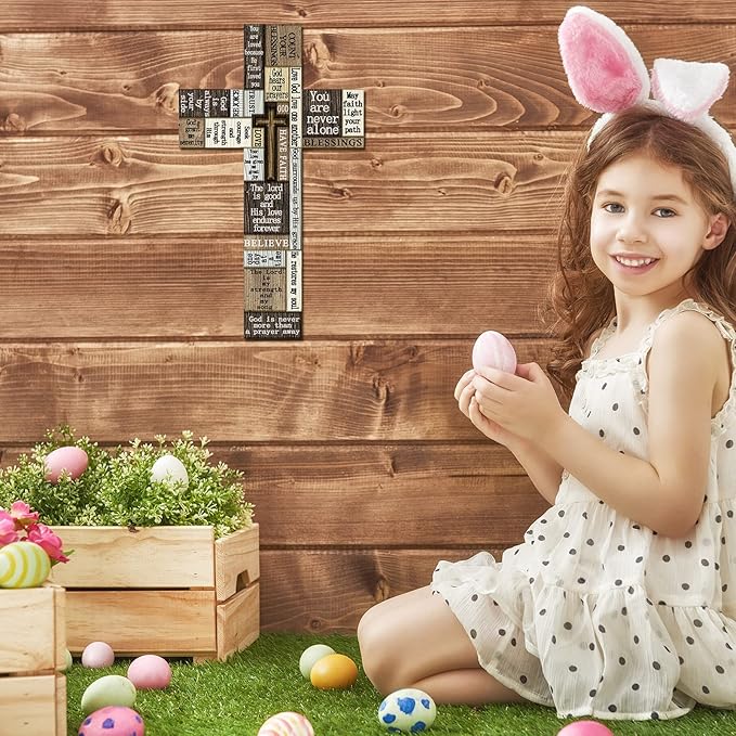 Wooden Cross Wall Decor 14 Inch Christians Wall Art Sign Religious Faith Easter Crosses Plaque with Inspirational Words and Saying Hanging Wood Cross Decor for Home Party Indoor Outdoor Farmhouse