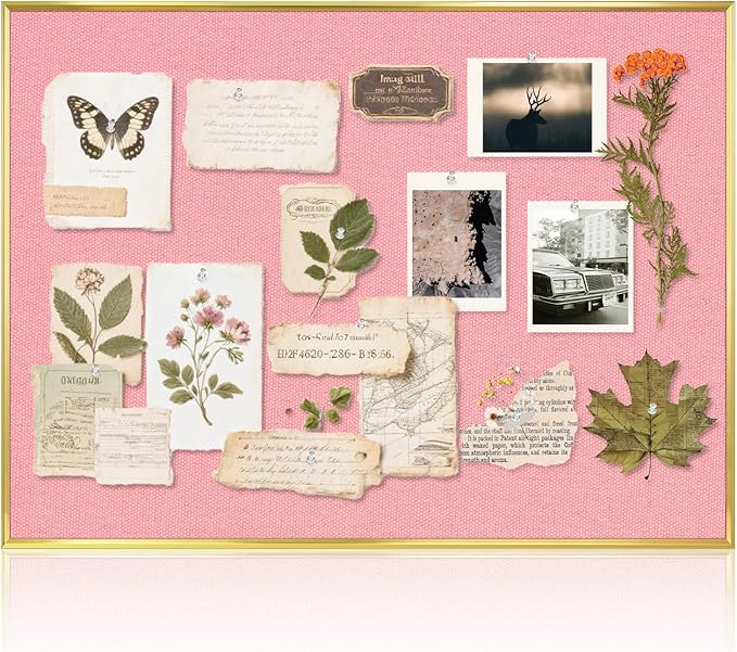 Linen Bulletin Board 36" x 24", Fabric Pin Board with Gold Aluminum Frame, Decorative Vision Board for Home Office, Bedroom & Dorm Wall Decor, Includes 10 Push Pins, Pink