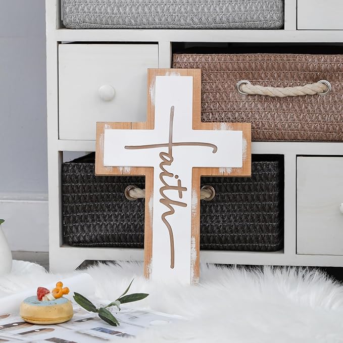TRENDIN Rustic Wood Cross Wall Decor, Wooden Cross with Faith Cutout, Vintage Farmhouse Christian Home Decor for Living Room, Entryway, Bedroom, Religious Inspirational Gifts