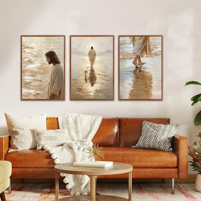 KAlRNE Jesus Walking On Water Wall Art Set of 3(24”X36”),Christian Bible Wall Decor,Neutral Spiritual Framed Canvas Paintings,Lost Sheep Art Prints For Living Room Bedroom Church Office