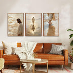 KAlRNE Jesus Walking On Water Wall Art Set of 3(24”X36”),Christian Bible Wall Decor,Neutral Spiritual Framed Canvas Paintings,Lost Sheep Art Prints For Living Room Bedroom Church Office