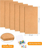 TUPARKA 6 Pack Cork Board Bulletin Boards 17"x8" - 1/4" Self-Adhesive Corkboards for Wall With 100 Push Pins, Square Cork Tiles for Home, School, Office Decorative