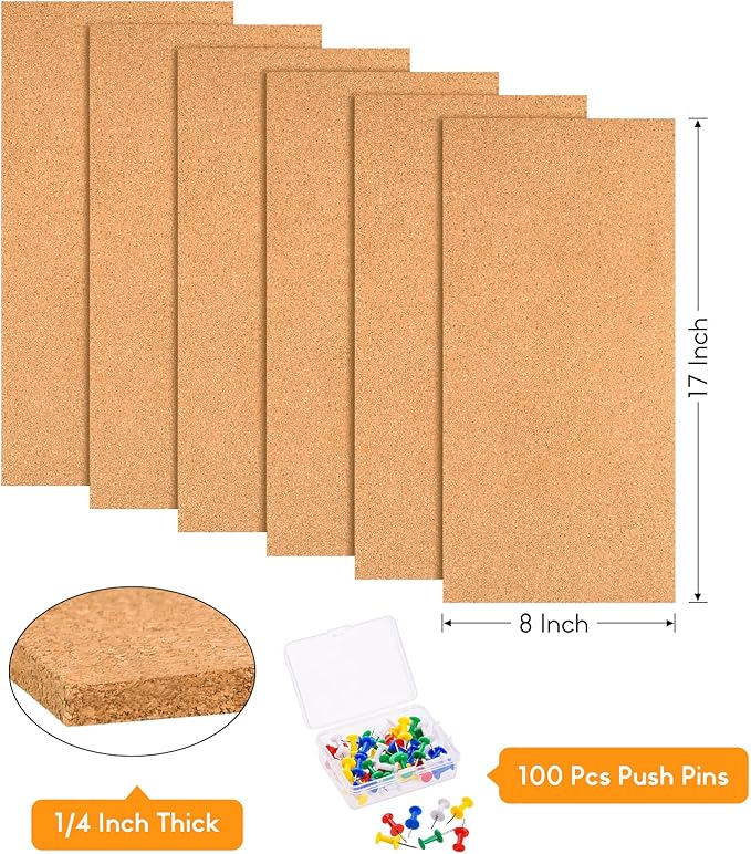 TUPARKA 6 Pack Cork Board Bulletin Boards 17"x8" - 1/4" Self-Adhesive Corkboards for Wall With 100 Push Pins, Square Cork Tiles for Home, School, Office Decorative