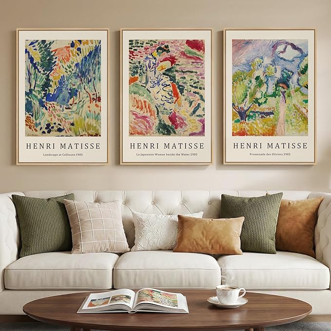 Large Framed Matisse Wall Art for Living room, Set of 3 Colorful Abstract Landscape Canvas Artwork for Walls, Retro Vintage Matisse Famous Paintings Prints Pictures for Bedroom, Hallway Home Office, Total Size 30x60