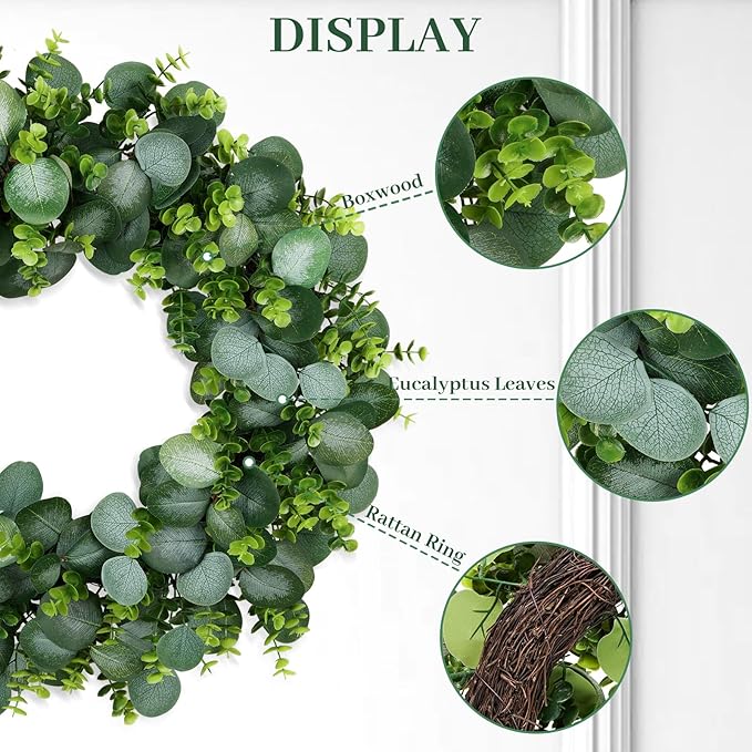 22Inch Eucalyptus Wreath for Front Door, Eucalyptus Wreath with Boxwood Leaves for All Seasons Christmas Spring Summer Year Round Wreaths for Front Door Indoor Outdoor Wedding Holiday