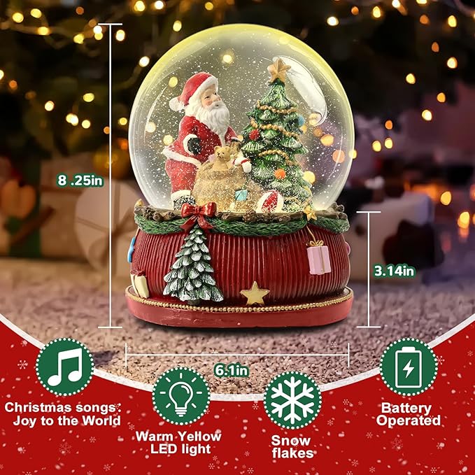 8.25 Inch Height Christmas Snow Globe with Light up Musical Snowflakes Holiday Decoration, Santa Claus Oversized Resin Snowglobes, Christmas Holiday Decor.
