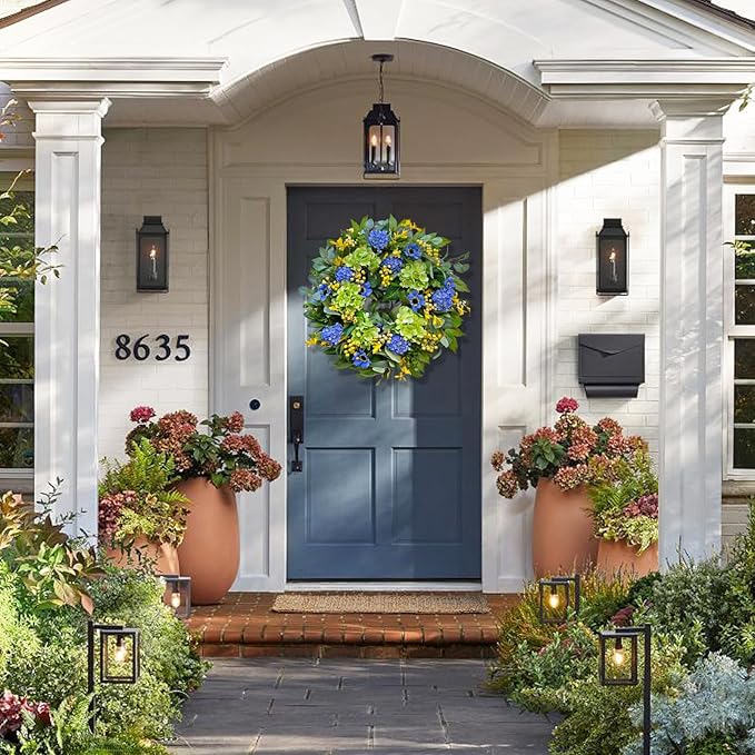 Spring Wreaths for Front Door 24 Inch Summer Wreath with Lifelike Blue Hydrangea Gerbera and Daisy, Wreath Decor for Indoor or Outdoor Spring and Summer Wreaths for Front Door Outside