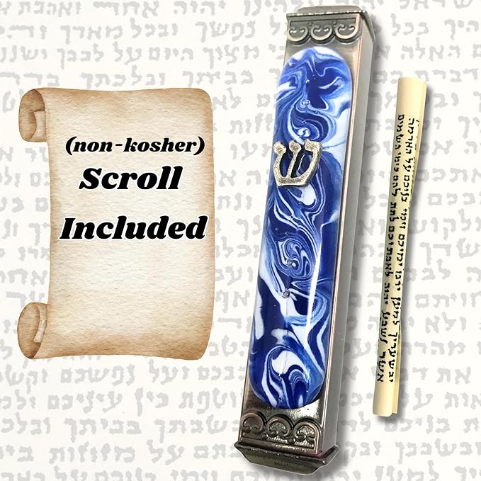 Tamara Baskin Art Glass Mezuzah, Easy Mount Indoor or Outdoor Weatherproof Metal Case Gift Box and Non-Kosher Scroll Included Hand Made in USA Guaranteed for Life (Marbled Blue White)