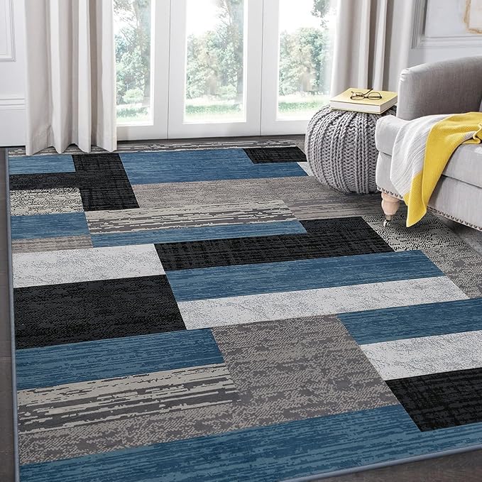 FlyDOIT Modern Geometric Patchwork Area Rug, 4x6 Blue Large Rugs for Living Room, Rockwood Collection Indoor Rugs for Bedroom, Throw Carpet Floor Decor for Entryway Dining Room Office Nursery