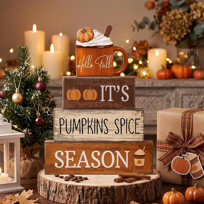 Lineshading 4 Pcs Fall Decorations for Home Wooden Hot Cocoa Cup Block Sign Thanksgiving Tiered Tray Decor Thanksgiving Centerpiece Rustic Fall Table Decor for Autumn Harvest Party Home Kitchen