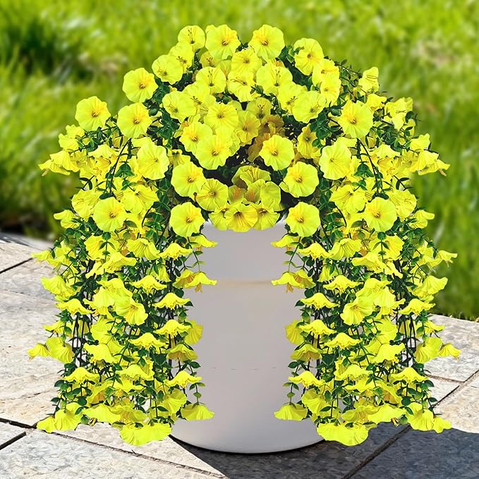 Artificial Hanging Flowers for Outdoors, 4 PCS UV Resistant Faux Plants Silk Realistic 150 Morning Glory Each Vines, Fake Plastic Floral for Garden Patio Spring Summer Decor, Yellow