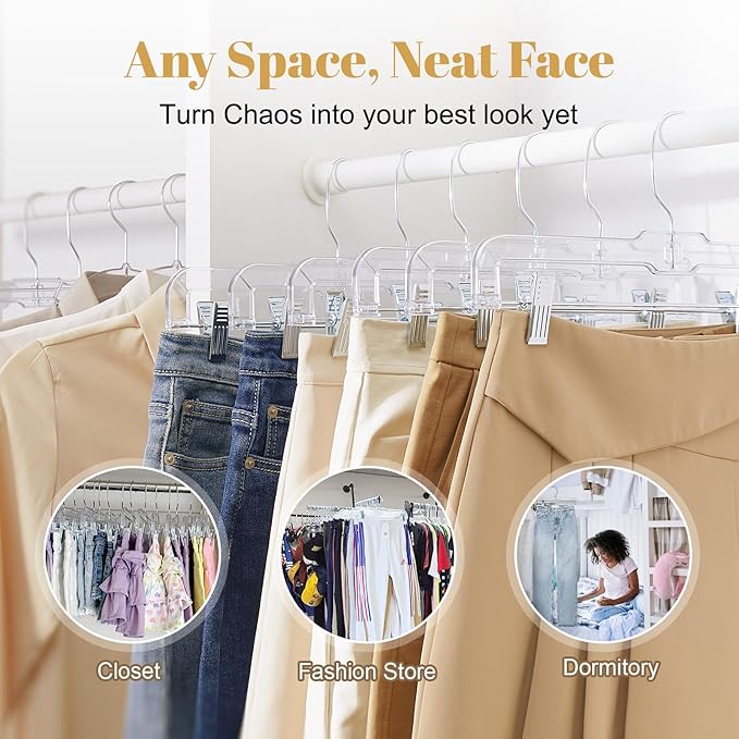 HOUSE DAY 12 Pack 14 inch Clear Plastic Skirt Hangers with Adjustable Clips, Pants Hangers 360-Rotating Swivel Hook, Clip Hangers for Pants, Trousers, Skirts, Jeans, Bulk Plastic Hangers