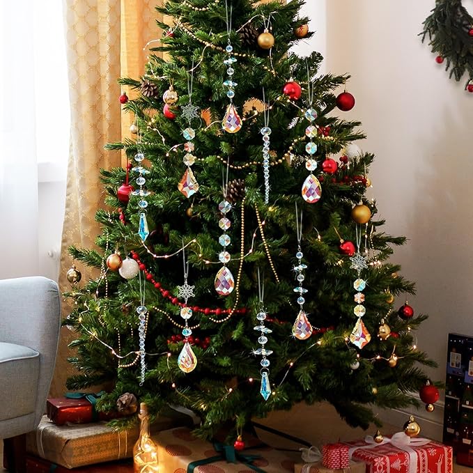 GuassLee Christmas Crystal Prism Ornaments for Christmas Tree - 6pcs Iridescent Teardrop Crystal Glass Sun Catcher for Christmas Decorations Indoor Tree Birthday Party Decor