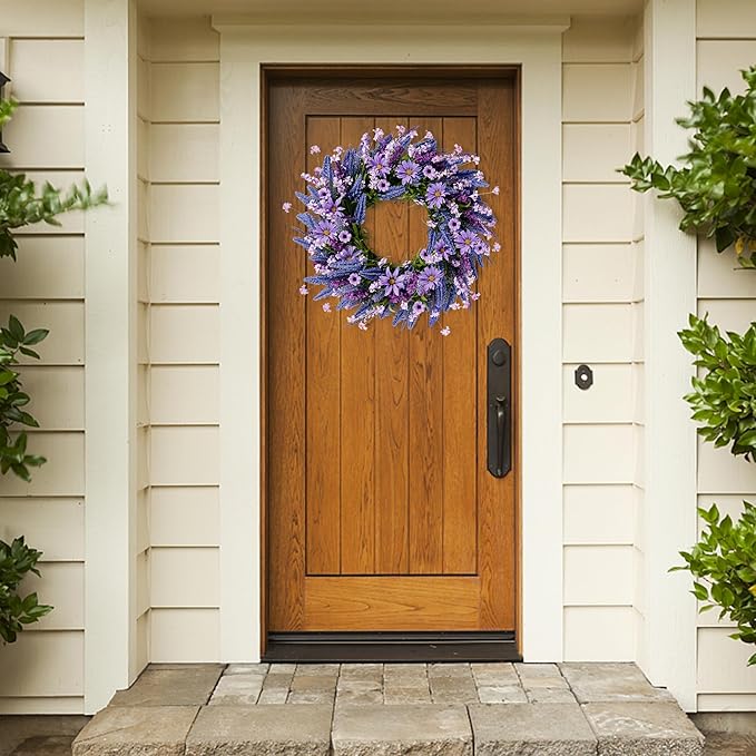 Sggvecsy Lavender Wreath for Front Door 22 Inch - Purple Daisy Spring Summer Artificial Wild Flower Greenery Leaves for All Seasons - Farmhouse Home Wall Indoor Outdoor Window Decor