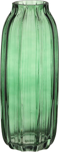 Green Glass Vase for Flowers Bud Tall Glass Vases,H-12.0" Simple Striped Design for Home Floor Decor,Farmhouse Decor, Centerpiece Coffee Table Decorations (Green 12.0IN)