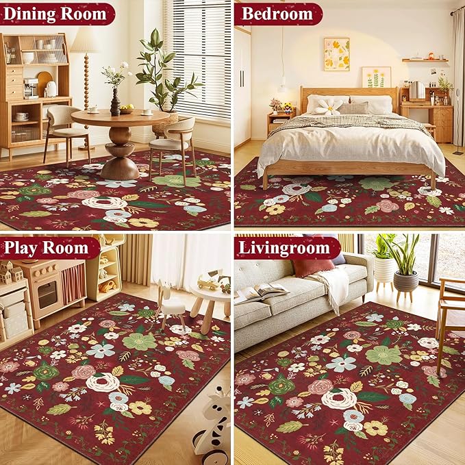 U'Artlines 5x7ft Red Christmas Area Rug, Colorful Floral Boho Rug Machine Washable Ultra Soft Low Pile Non Slip Non Shedding Accent Floor Carpet for Living Room, Bedroom, Dining Room,Farmhouse,Office
