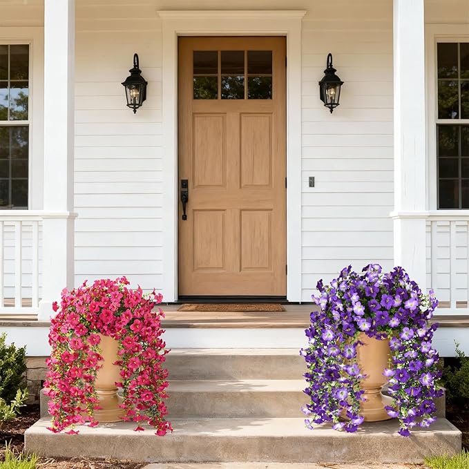 Artificial Hanging Flowers Plants for Outdoor Spring Summer Decoration, 2PCS Faux Silk Morning Glory UV Resistant Look Real for Outside Home Indoor Planter Porch Garden Yard Decor(Rose Red)