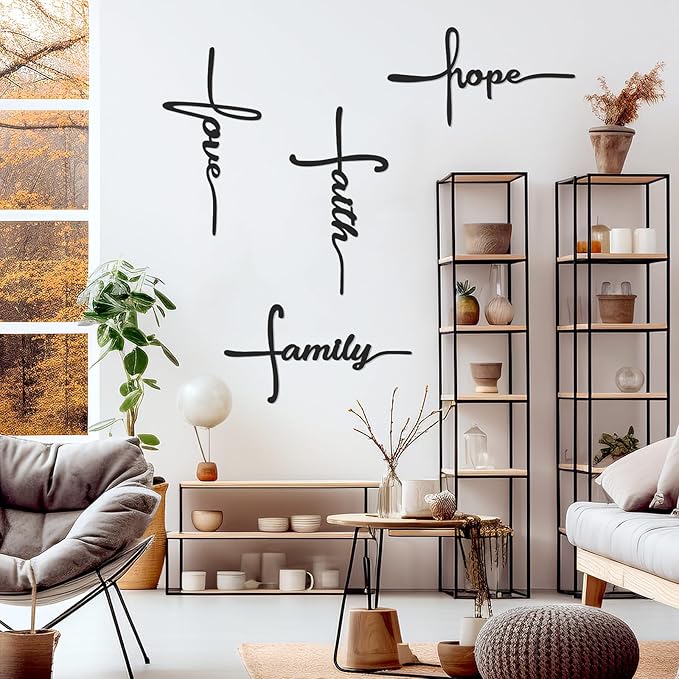Bnesi Metal Wall Art Sign 4-Piece Set: Love, Faith, Family, Hope - 15 x 8 in Waterproof Religious and Spiritual Hanging Cross Wall Decor for Home Decoration