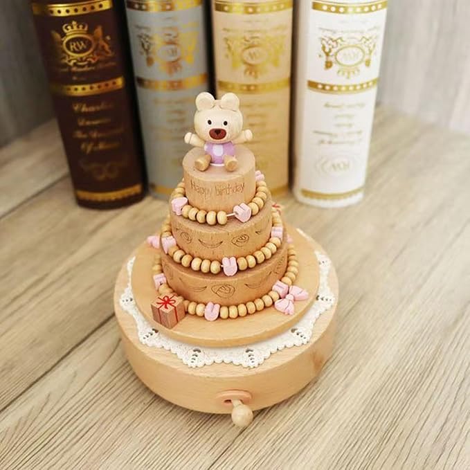 Natural Solid Wood Handcrafted Beech Wooden, Musical FigureTotoro/Carousel/Fairy/Ballerina Figurine,Rotating Hand Crank Mechanism Music Box,Musical Decorations (Cute Little Bear's Birthday Cake)
