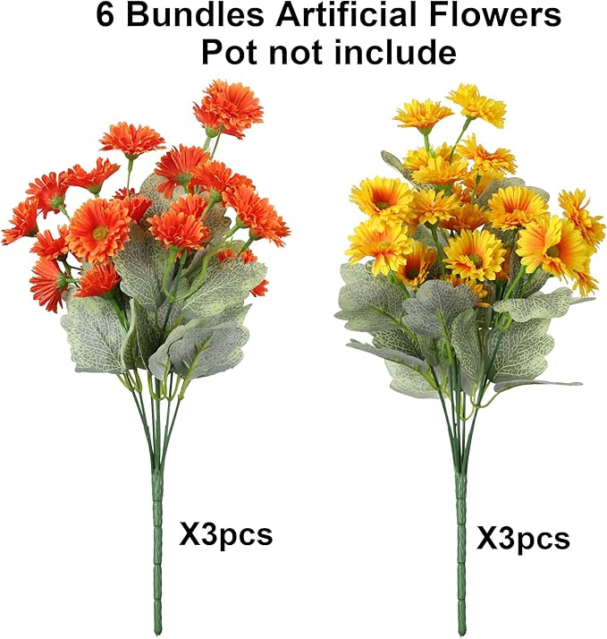 HyeFlora Dahlia Artificial Flowers for Outdoors Fake Plants Spring Decoration, 6 Bundles Realistic Silk Daisy UV Resistant Faux Flowers for Outdoor Planters Patio Porch Yard Garden Home, Orange Yellow
