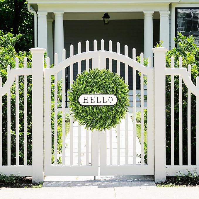 DDHS 20'' Boxwood Wreaths Front Door Artificial Spring Wreath. Wreaths for Front Door Farmhouse Wedding Green Year Round Indoor Outdoor for Summer Wreath St Patricks Day Decorations -(Hello Sign)