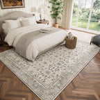 Washable 5x7 Area Rugs for Living Room, BoHo Non-slip Vintage Distress Rugs for Bedroom Dining Room Nursery Office, 0.3" Neutral Oriental Throw Thin Carpet with Cushioning Pad, Cream/blue/Orange/Multi
