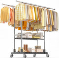 Luxspire Heavy Duty Clothes Rack Load 650 LBS, Double Rod Clothing Racks for Hanging Clothes, Rolling Garment Racks with Lockable Wheels, Shelves, Adjustable Laundry Hanging Rack, Silver