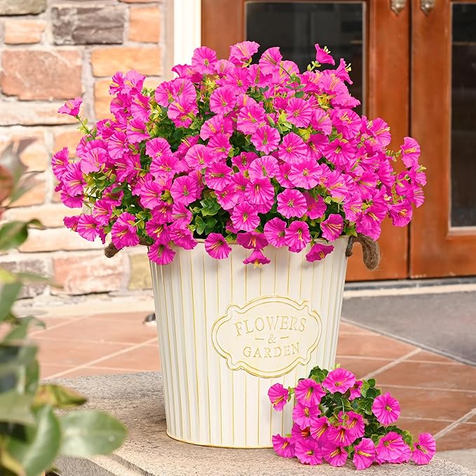 Waipfaru Artificial Flowers for Outdoors, 24 Bundles Faux Plants Outdoor, UV Resistant Artificial Plants Outdoor, Silk Petunias Fake Flowers for Outside Home Decor Planter Porch Decoration, Rose Red
